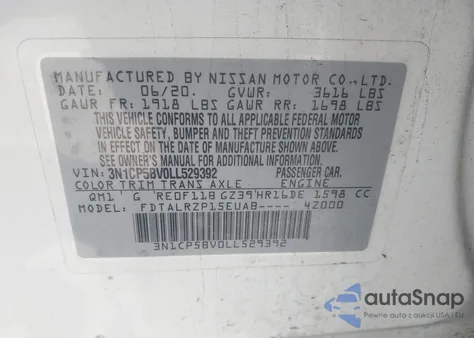 2020 Nissan Kicks S Xtronic Cvt z USA, uszkodzony, nr VIN 3N1CP5BV0LL529392